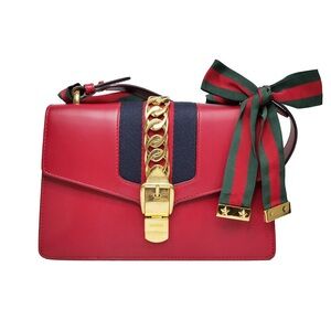 Gucci Red Leather Mini Web Chain Sylvie Shoulder Bag